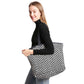 Black Herringbone Tote Bag, This beautiful trendy bag design gives you the ability to highlight and contrast many different outfits. The shoulder tote bag large enough to hold all your daily needs. Soft and stylish, cute tote with geometric print is full of personality, very fresh and unique; As a fashion statement, goes well with heels and skinny jeans in spring, fall and winter.