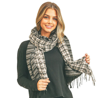 Black Houndstooth Chevron Two Patterns Scarf. This lightweight scarf features a traditional design. It's a design that gives any outfit a unique look. The two patterns shape makes this scarf a versatile choice that can be worn in many ways. It'll definitely become a favorite in your accessories collection. Luxurious fabric will add a bold, modern statement to any wardrobe. Suitable for Holiday, Casual or any Occasions in Spring, Summer and Autumn.