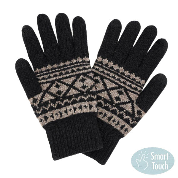 Black Knit Aztec Smart Gloves, ensure you keep warm and toasty in a fashionable way in winter and on cold days. Perfect to complete your trendy outfit. It's perfect to use your electronic devices and touchscreens with ease while keeping your fingers covered, and swiping away! A pair of these gloves are a cool gift this winter for your family, friends, anyone you love, and even yourself. Enjoy the winter in a cool way!