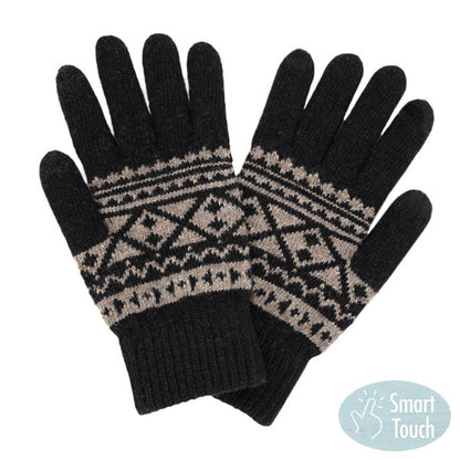 Black Knit Aztec Smart Gloves, ensure you keep warm and toasty in a fashionable way in winter and on cold days. Perfect to complete your trendy outfit. It's perfect to use your electronic devices and touchscreens with ease while keeping your fingers covered, and swiping away! A pair of these gloves are a cool gift this winter for your family, friends, anyone you love, and even yourself. Enjoy the winter in a cool way!