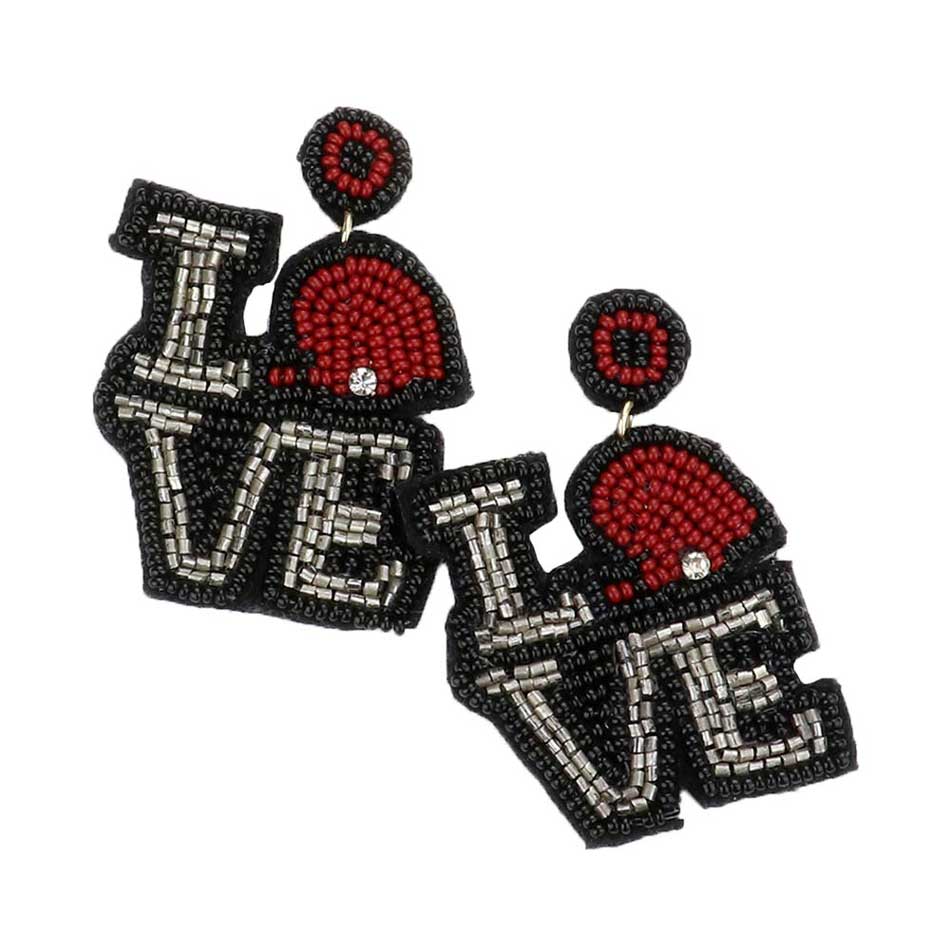 Black LOVE Felt Back Seed Beaded Football Pointed Dangle Earrings, This Love message sports theme earring show your love for the game when accessorizing your Game Day look with these uniquely beaded football dangle earrings! Dress up with your team cloth, tank, t-shirt or any other outfit, You’ll get plenty of compliments on these fun and pretty earrings! Wear these sports earrings to support and express your love to your favorite players and teams.