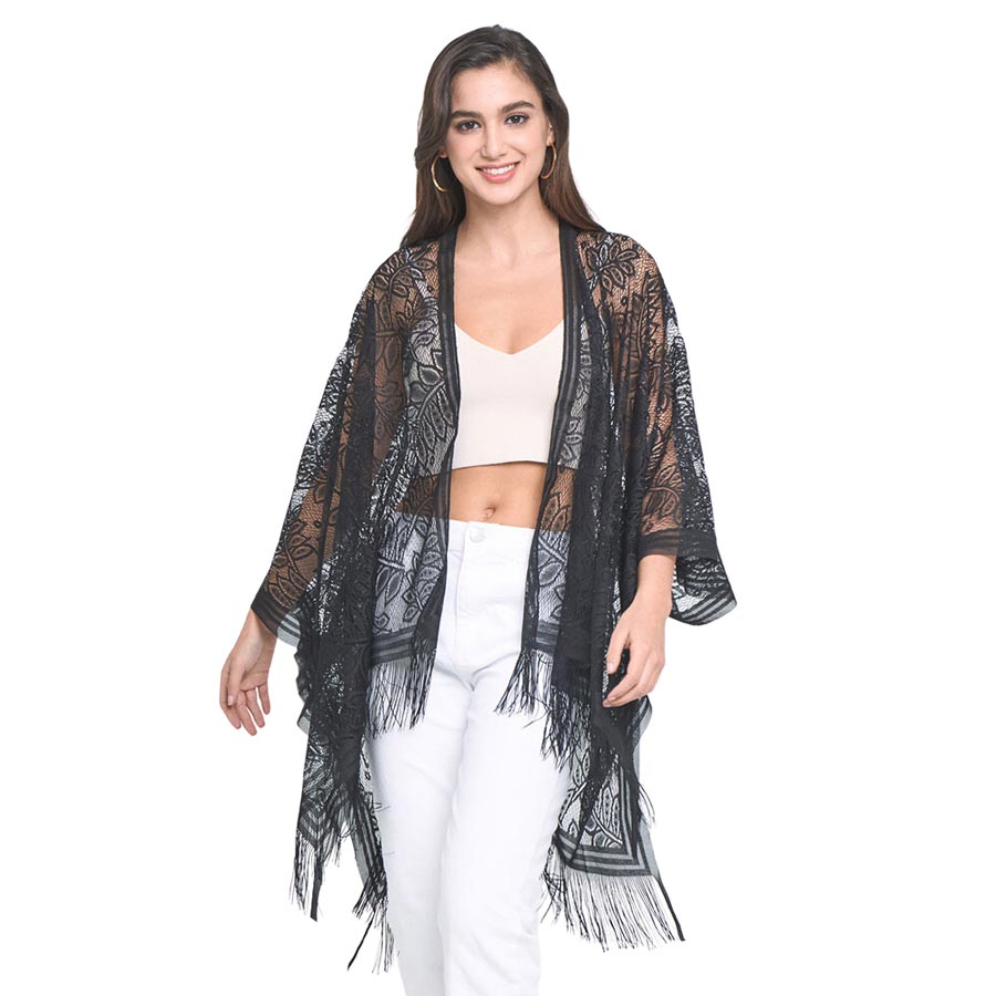 Black Leaf Lace Cover Up Kimono Poncho, an attractive pearl embellished Poncho that is made of soft and breathable material, amps up your beauty with a perfect attraction everywhere. Its eye-catchy design makes you stand out every time. Perfect Gift for Wife, Mom, lover, and care for their Birthday, Fun Night Out, etc.