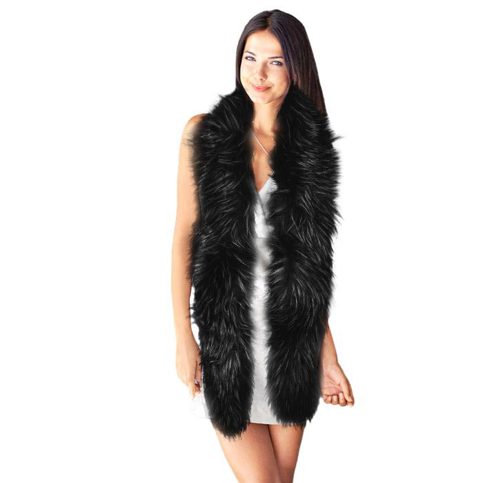 Black Long Faux Furry Layover Scarf, accent your look with this soft, highly versatile layover scarf. It gives a lot of options to dress up your attire. It goes well with everything from jeans and a tee to work trousers and a sweater.  Soft, comfy, trendy, and beautiful that can keep you perfectly warm and gorgeous at the same time. A great wardrobe staple.