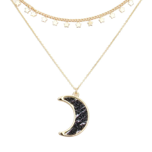 Black Metal Star Station Druzy Crescent Moon Pendant Double Layered Necklace. Beautifully crafted design adds a gorgeous glow to any outfit. Jewelry that fits your lifestyle! Perfect Birthday Gift, Anniversary Gift, Mother's Day Gift, Anniversary Gift, Graduation Gift, Prom Jewelry, Just Because Gift, Thank you Gift.