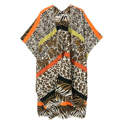 Black Multi Animal Printed Cover Up Kimono Poncho, The lightweight Kimono poncho top is made of soft and breathable Acrylic material. short sleeve swimsuit cover up with open front design, simple basic style, easy to put on and down. Perfect Gift for Wife, Mom, Birthday, Holiday, Anniversary, Fun Night Out.