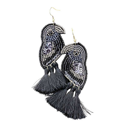 Black Multi Bead Sequin Parrot Tassel Earrings, Seed Beaded Parrot Tassel earrings fun handcrafted jewelry that fits your lifestyle, adding a pop of pretty color. Enhance your attire with these vibrant artisanal earrings to show off your fun trendsetting style. Lightweight and comfortable for wearing all day long. Goes with any of your casual outfits and Adds something extra special. Great gift idea for your Loving One.