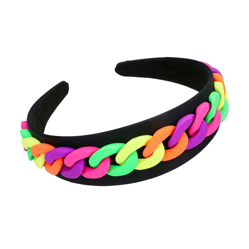 Black Multi Colored Chain Accented Fabric Headband, these beautiful chain themed headband will make you feel extra glamorous. Push back your hair with this exquisite fabric headband, spice up any plain outfit! Be ready to receive compliments. Be the ultimate trendsetter wearing this chic headband with all your stylish outfits! Exquisite enough to use on your special occasion day.