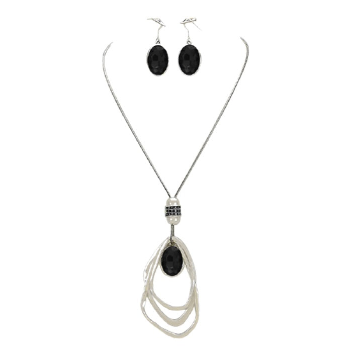 Black Oval Glass Crystal Triple Abstract Hoop Necklace with earrings set; exquisite beautifully crafted charms add a gorgeous glow to any outfit. Perfect Birthday Gift, Anniversary Gift, Mother's Day Gift, Anniversary Gift, Graduation Gift, Prom Jewelry, Just Because Gift, Thank you Gift, Keepsake Gift, Mom Gift