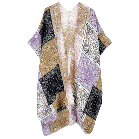 Black Paisley Bandana Patterned Cover Up Kimono Poncho. Lightweight and soft brushed fabric exterior fabric that make you feel more warm and comfortable. Cute and trendy Poncho for women. Great for dating, hanging out, daily wear, vacation, travel, shopping, holiday attire, office, work, outwear, fall, spring or early winter. Perfect Gift for Wife, Mom, Birthday, Holiday, Anniversary, Fun Night Out.