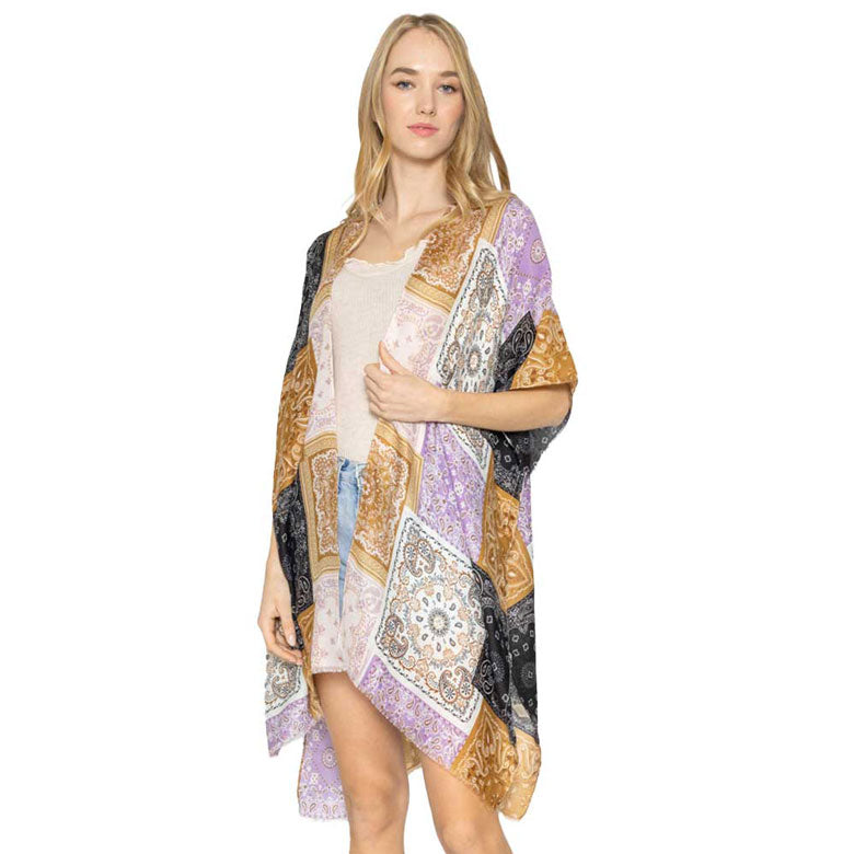 Black Paisley Bandana Patterned Cover Up Kimono Poncho. Lightweight and soft brushed fabric exterior fabric that make you feel more warm and comfortable. Cute and trendy Poncho for women. Great for dating, hanging out, daily wear, vacation, travel, shopping, holiday attire, office, work, outwear, fall, spring or early winter. Perfect Gift for Wife, Mom, Birthday, Holiday, Anniversary, Fun Night Out.