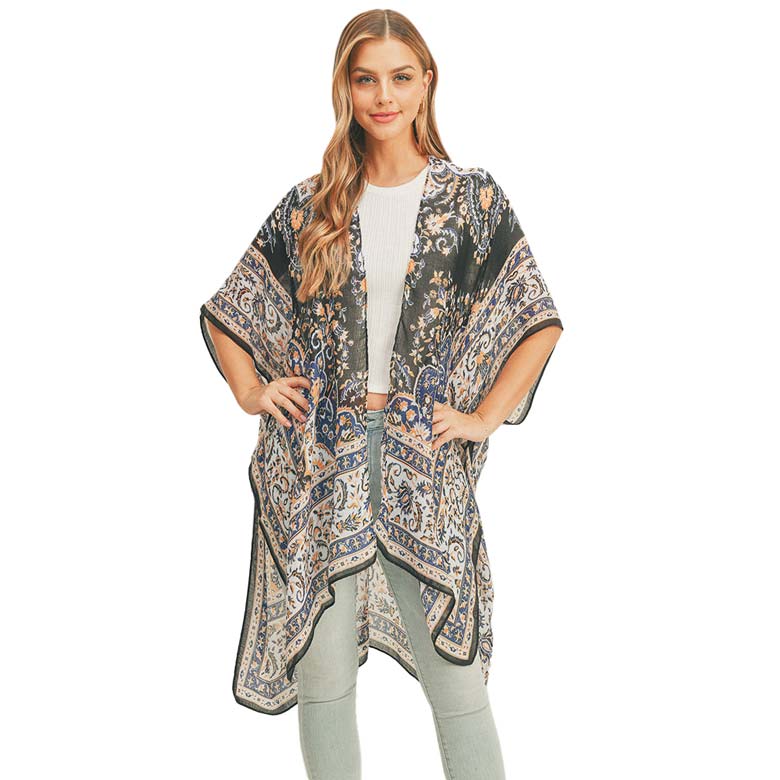 Black Patterned Cover Up Kimono Poncho, Absolutely fab for this summer & spring season to amp up your attire & make you comfortable in dressing up. These kimonos feature a beautiful pattern that is easy to pair with so many tops. 