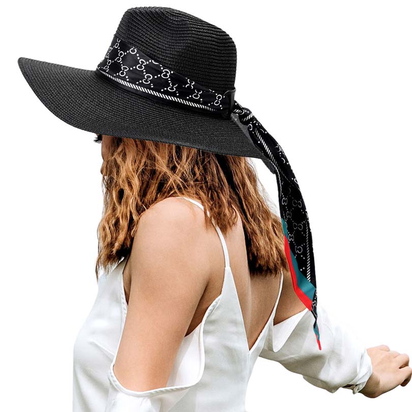 Black Patterned Scarf Band Straw Sun Hat, a beautiful & comfortable sun hat is suitable for summer wear to amp up your beauty & make you more comfortable everywhere. Excellent sun hat for gardening, traveling, boating, on a beach vacation, or any other outdoor activities. A beautifully patterned scarf band straw hat that can keep you cool and comfortable even when the sun is high in the sky.