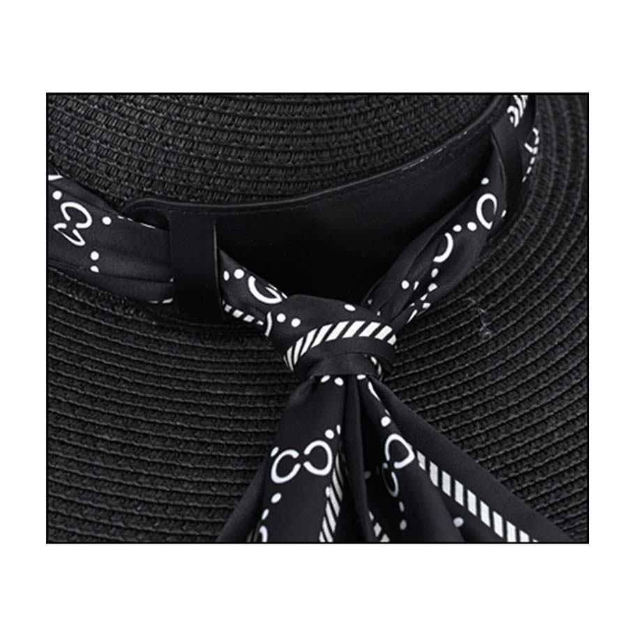 Black Patterned Scarf Band Straw Sun Hat, a beautiful & comfortable sun hat is suitable for summer wear to amp up your beauty & make you more comfortable everywhere. Excellent sun hat for gardening, traveling, boating, on a beach vacation, or any other outdoor activities. A beautifully patterned scarf band straw hat that can keep you cool and comfortable even when the sun is high in the sky.