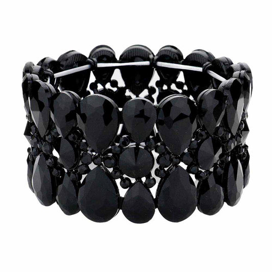 Black Pear Crystal Floral Rhinestone Stretch Evening Bracelet, this Crystal Stretch Bracelet sparkles all around with it's surrounding round stones, stylish stretch bracelet that is easy to put on, take off and comfortable to wear. It looks modern and is just the right touch to set off LBD. Jewelry offers a wide variety of exquisite jewelry for your Party, Prom, Pageant, Wedding, Sweet Sixteen, and other Special Occasions!
