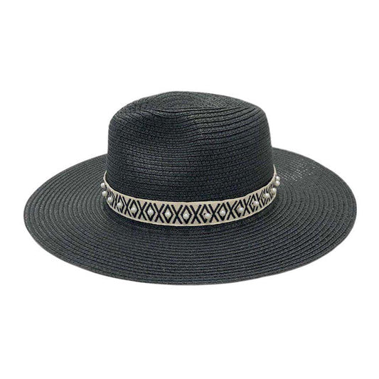 Black Pearl Embellished Aztec Band Panama Sun Hat. Keep your styles on even when you are relaxing at the pool or playing at the beach. Large, comfortable, and perfect for keeping the sun off of your face, neck, and shoulders Perfect summer, beach accessory. Ideal for travellers who are on vacation or just spending some time in the great outdoors.