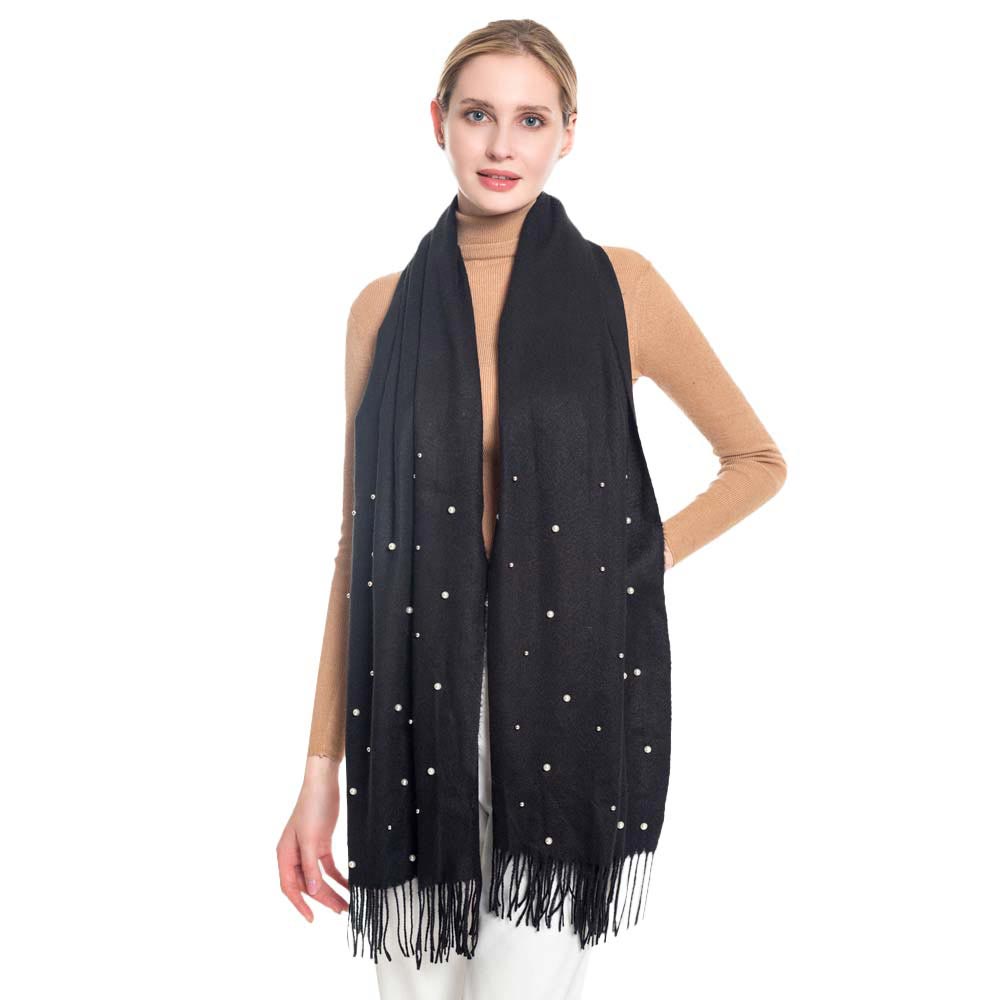 Black Pearl Embellished Solid Oblong Scarf, delicate, These Winter scarfs for women are elegant, and lightweight and can be added to any outfit to keep up with the latest color trends. Warm, on-trend & fabulous, a luxe addition to any cold-weather ensemble. Lovely pearl decoration makes you look chic and fashionable.