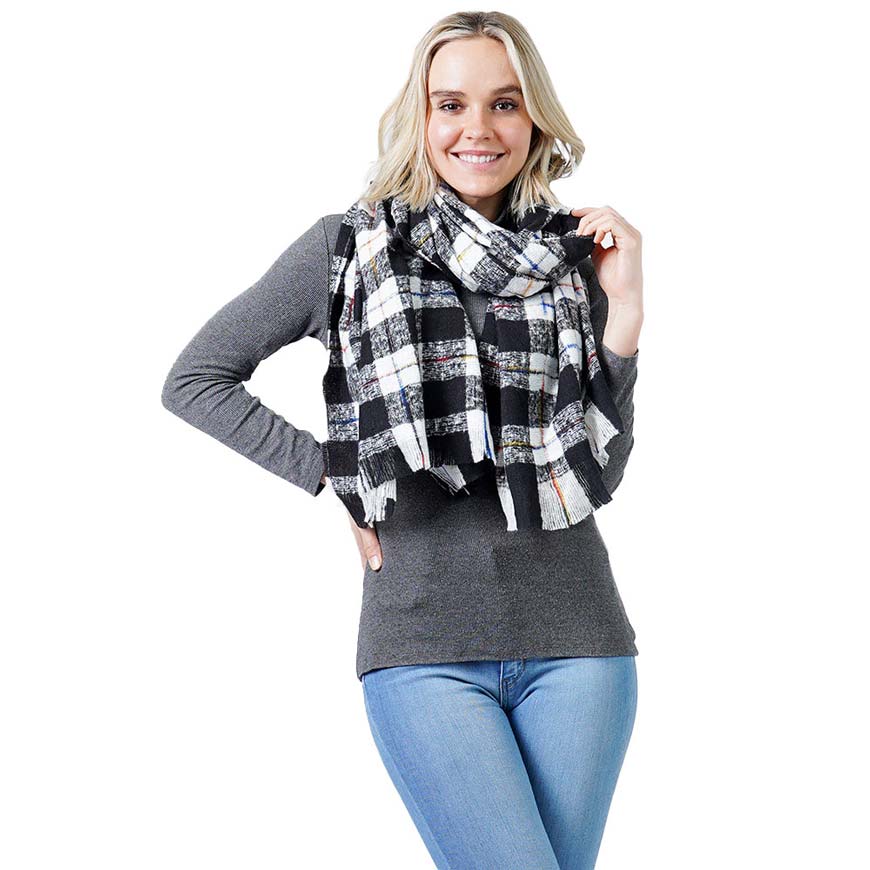 Black Plaid Check Oblong Scarf, accents your look with a soft, highly versatile plaid design and keeps you warm and toasty on cold days and in winter. A rugged staple brings a classic look. The variety of its color adds harmony & completes your outfit in style. You will feel cozy, comfortable, and confident everywhere with this oblong scarf. Throw it on over so many pieces elevating any casual outfit!