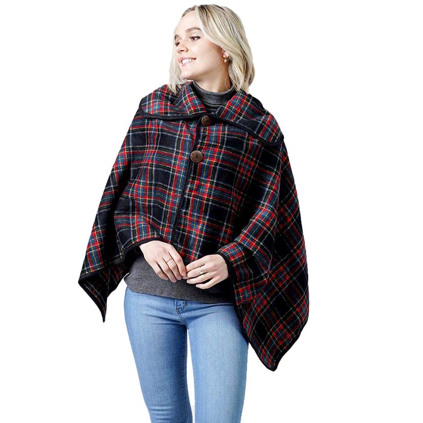 Black Plaid Check Pattern Poncho With Button, is a beautifully designed and gorgeous looking one size poncho. The buttons and color variation make it more unique in style and give you better comfort than the regular one. You can throw it on over so many pieces elevating any casual outfit! Fashionable and eye-catcher wear that will quickly become one of your favorite accessories. A beautiful gift idea!