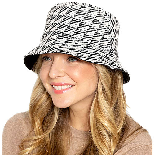 Black Polyester Geometric Patterned Bucket Hat, this bucket hat doubles as a rain hat and is snug on the head and stays on well. It will work well to keep the rain off the head and out of the eyes and also the back of the neck. Wear it to lend a modern liveliness above a raincoat on trans-seasonal days in the city.