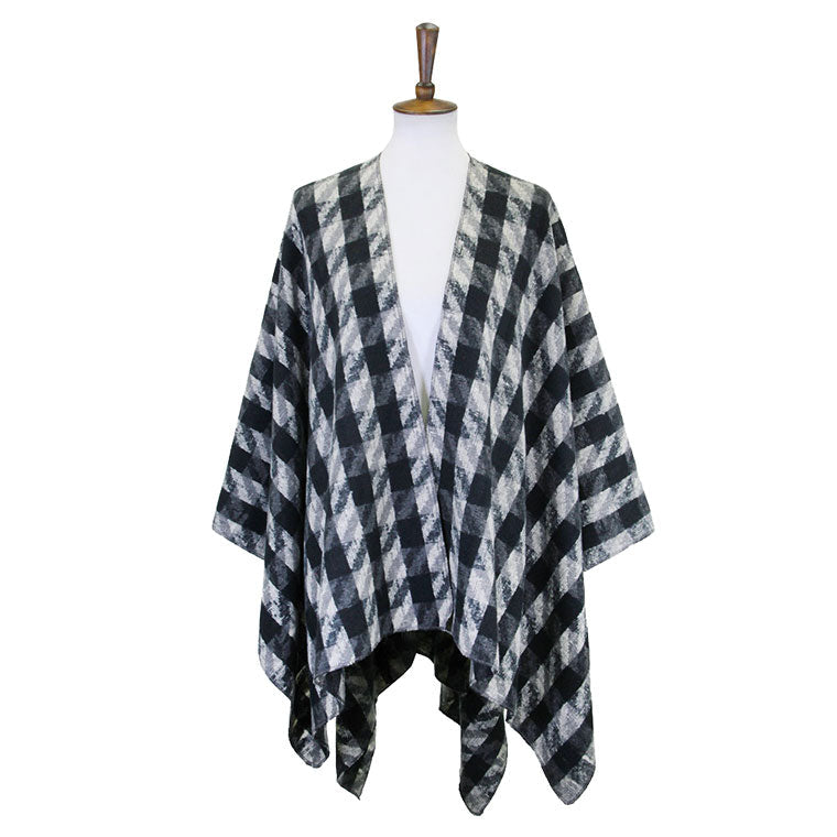 Black Polyester Houndstooth Printed Ruana Poncho, the perfect accessory, luxurious, trendy, super soft chic capelet, keeps you warm and toasty. You can throw it on over so many pieces elevating any casual outfit! Perfect Gift for Wife, Mom, Birthday, Holiday, Christmas, Anniversary, Fun Night Out