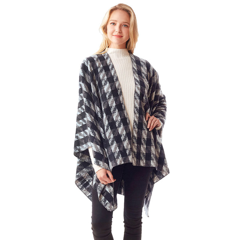 Black Polyester Houndstooth Printed Ruana Poncho, the perfect accessory, luxurious, trendy, super soft chic capelet, keeps you warm and toasty. You can throw it on over so many pieces elevating any casual outfit! Perfect Gift for Wife, Mom, Birthday, Holiday, Christmas, Anniversary, Fun Night Out