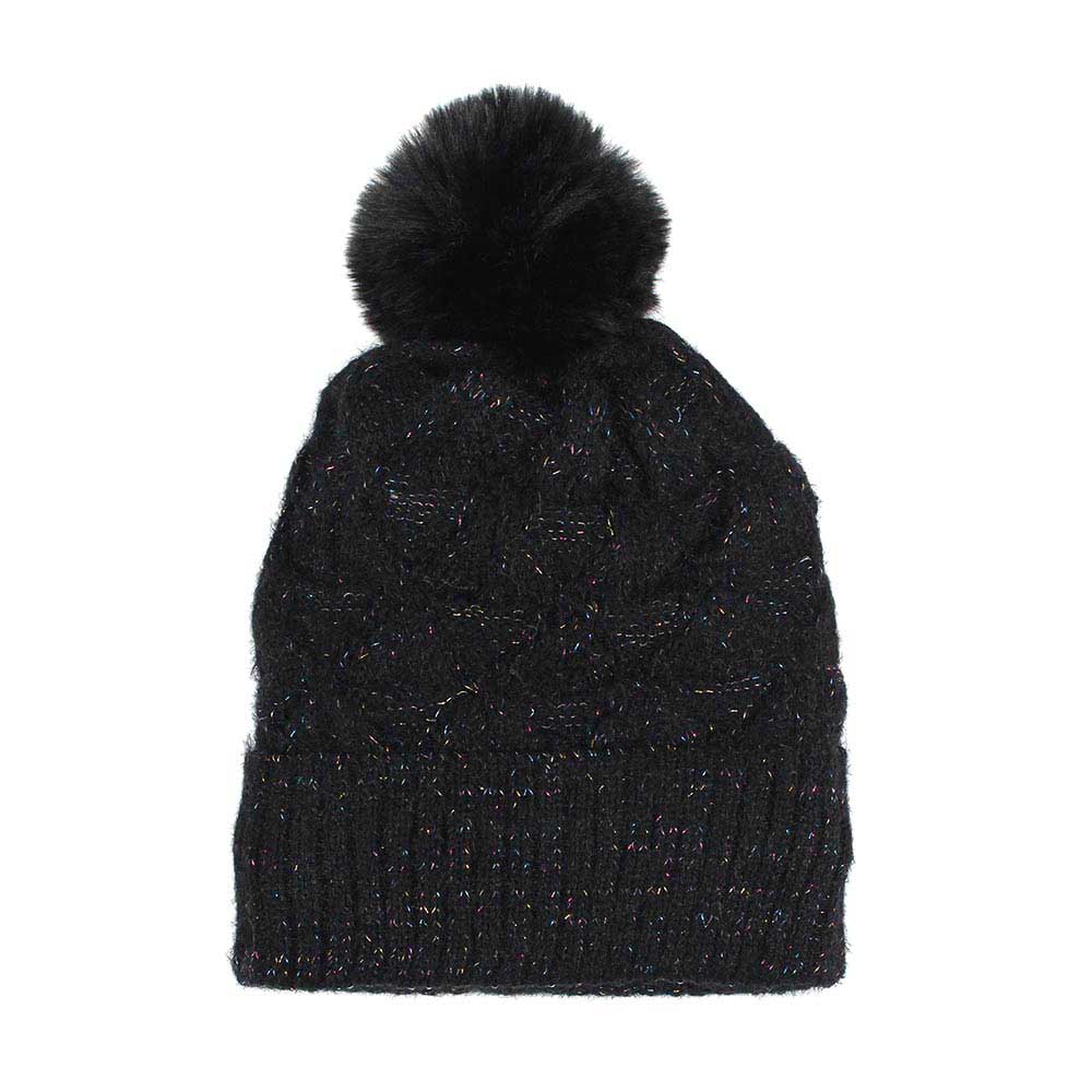 Black Pom Pom Multi Color Lurex Knit Beanie Hat, The winter hats for women is made of high-quality material, safe and harmless, soft, warm, breathable and comfortable to wear. Accessorize the fun way with this faux fur pom pom lurex beanie hat, the autumnal touch you need to finish your outfit in style. Awesome winter gift accessory! Perfect Gift Birthday, Christmas, Holiday, Anniversary, Valentine’s Day, Loved One.