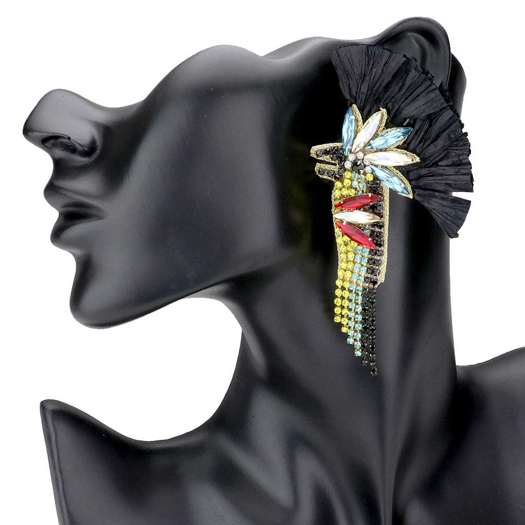 Black Raffia Multi Stone Bird Earrings, Beautifully crafted design adds a gorgeous glow to your outfit. With these Animal Bird themed rock every party you attend to. Enhance your attire with these vibrant artisanal earrings to show off your fun trendsetting style. Give this as a gift to someone you care about.