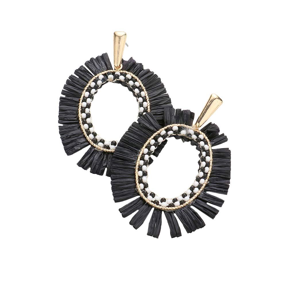 Black Raffia Trimmed Open Oval Dangle Earrings, enhance your attire with these beautiful open oval dangle earrings to show off your fun trendsetting style. Can be worn with any daily wear such as shirts, dresses, T-shirts, etc. These raffia dangle earrings will garner compliments all day long. Whether day or night, on vacation, or on a date, whether you're wearing a dress or a coat, these earrings will make you look more glamorous and beautiful.
