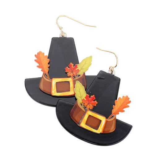 Black Resin Thanksgiving Hat Dangle Earrings. Beautifully crafted design adds a gorgeous glow to any outfit with Thanksgiving theme. Get into the festive spirit with our gorgeous  dangle earrings, Bright design with special occasion themed colors and pattern will the perfect choice to your Thanksgiving costumes. Ideal gift for you loved ones, girlfriend, wife, daughter, sisters, share with your family on Thanksgiving.
