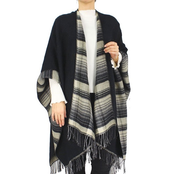 Black Reversible Plaid Check Patterned Tassel Cape Poncho, with the latest trend in ladies' outfit cover-up! the high-quality knit poncho is soft, comfortable, and warm but lightweight. It's perfect for your daily, casual, evening, vacation, and other special events outfits. A fantastic gift for your friends or family.