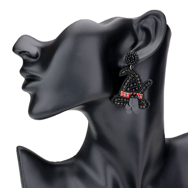 Black Rhinestone Beaded Witch Hat Dangle Earrings, Witch Hat Dangle Statement Halloween Earrings, Halloween is the time of year where there is magic in the night when Witch Hat's rhinestone glow with candlelight, we have the perfect accessories to a sparkling sweet style to your look. Dress up and have a spook-takular good time!