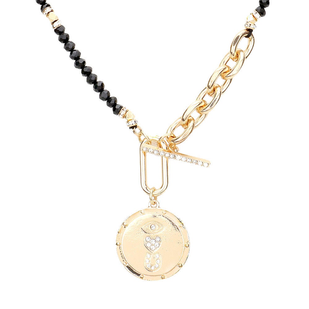 Black Rhinestone Evil Eye Heart Horseshoe Accented Metal Round Pendant Faceted Beaded Necklace, Get ready with these Pendant Double Layered, put on a pop of color to complete your ensemble. Perfect for adding just the right amount of shimmer & shine. Perfect Birthday Gift, Anniversary Gift, Mother's Day Gift, Graduation Gift.