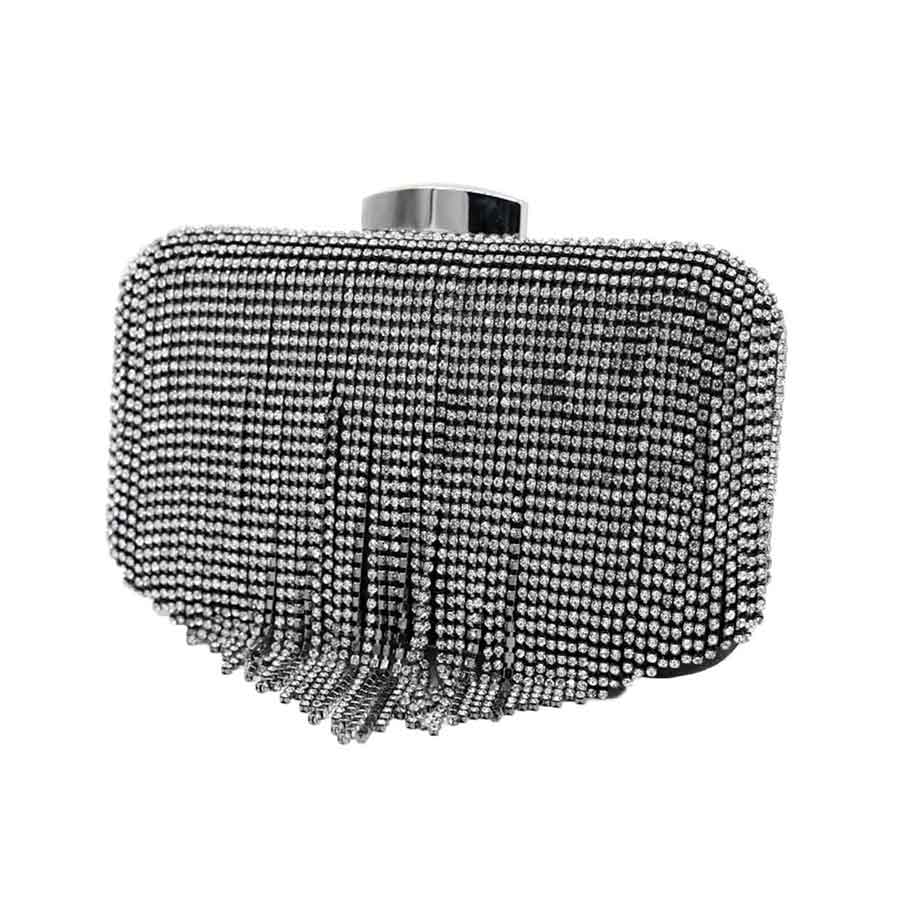 Black Rhinestone Fringe Evening Clutch Crossbody Bag, This high quality Crossbody Bag is both unique and stylish. The size enough to hold essentials like mobile phone, cards, cash, keys and some makeups. perfect to match with your dress or to bring some bling to your outfit. suitable for, wedding, evening party and so on.