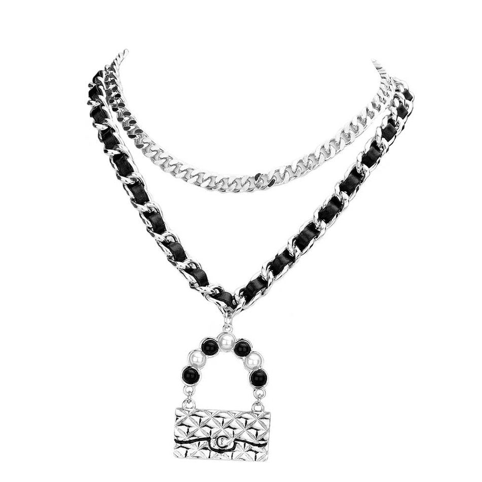 Black Rhodium 2PCS Metal Chain Pearl Embellished Bag Pendant Necklaces, shiny polished, Simple sophisticated metal chain with bag style pendant provides a flash of color to any outfit style, Perfect for adding just the right amount of shimmer & shine and a touch of class to special events. Perfect Birthday Gift, Anniversary Gift, Mother's Day Gift, Graduation Gift, Prom Jewelry, Thank you Gift.