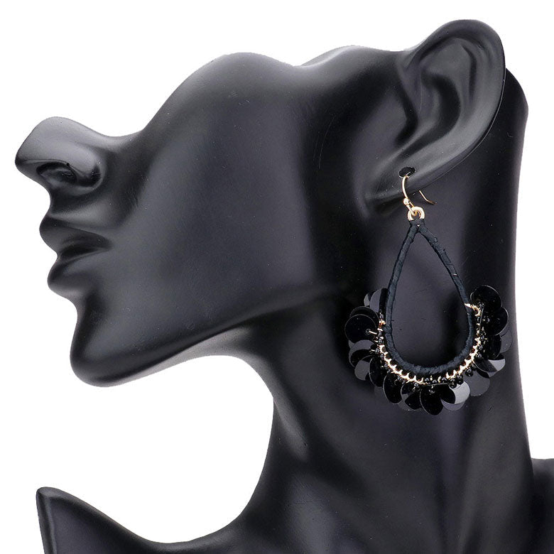 Black Sequin Cluster Open Teardrop Dangle Earrings. Look like the ultimate fashionista with these Earrings! Add something special to your outfit this Valentine! Special It will be your new favorite accessory. Perfect Birthday Gift, Mother's Day Gift, Anniversary Gift, Graduation Gift, Prom Jewelry, Valentine's Day Gift, Thank you Gift.