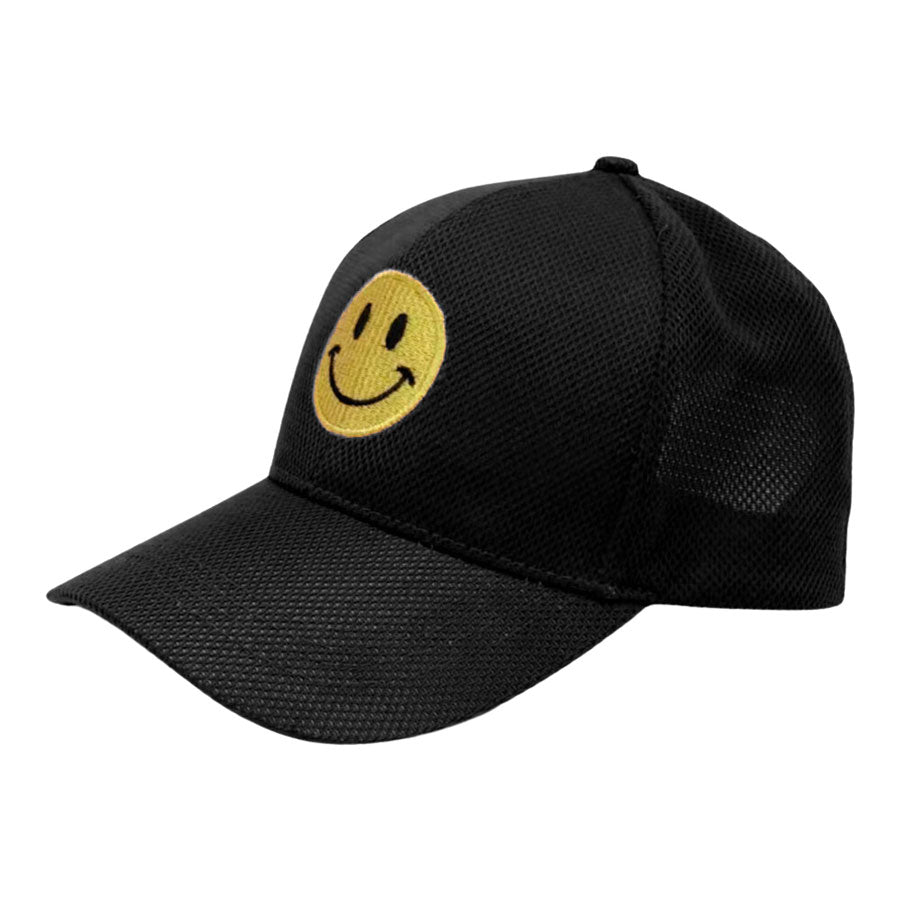 Black Smile Accented Mesh Baseball Cap, features an embroidered smile face patch on the front, bringing a smile to everyone you pass by and showing your kindness to others. These are Perfect Birthday gifts, Anniversary gifts, Mother's Day gifts, Graduation gifts, or Valentine's Day gifts, or any occasion.