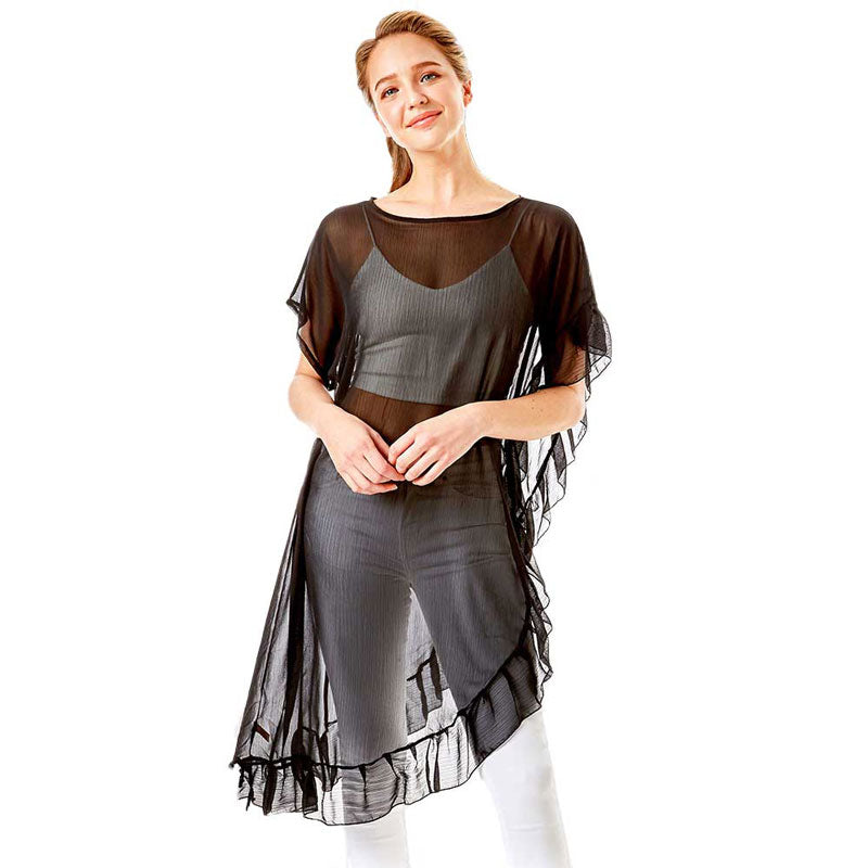 Black Solid Color Half Ruffled Cover-Up Poncho, This lightweight ponchos for women have plenty of stretch with lovely draping. The added ruffle edge gives better coverage with a feminine look. Feel sexy and comfortable no matter where you are. This unique poncho top can be worn in a variety of ways. A warp poncho that will complement every outfit you own. Suitable for Summer wrap, travel vacation, Beach, Party, Club, Night, Evening, Date, Casual and Other Occasions in Spring, Summer and Autumn.