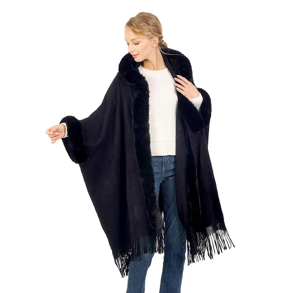 Black Solid Color Hoodie Winter Cape With Faux Fur Edge, is beautifully designed with solid color that amps up your beauty to a greater extent. It enriches your attire with perfect combination. Breathable Fabric, comfortable to wear, and very easy to put on and off. Suitable for Weekend, Work, Holiday, Beach, Party, Club, Night, Evening, Date, Casual and Other Occasions in Spring, Summer and Autumn.
