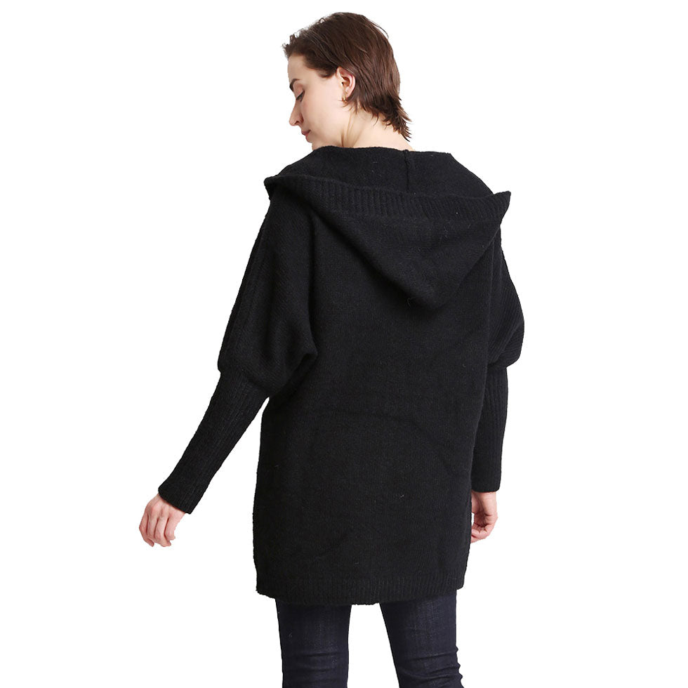 Black Solid Color Knitted Hood and Ribbed Edges Cardigan, the perfect accessory, luxurious, trendy, super soft chic capelet, keeps you warm and toasty. You can throw it on over so many pieces elevating any casual outfit! Perfect Gift for Wife, Mom, Birthday, Holiday, Christmas, Anniversary, Fun Night Out