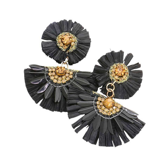 Black Stone Embellished Floral Raffia Link Dangle Earrings, enhance your attire with these beautiful raffia link dangle earrings to show off your fun trendsetting style. Can be worn with any daily wear such as shirts, dresses, T-shirts, etc. These stone-embellished floral raffia earrings will garner compliments all day long. Whether day or night, on vacation or on a date, whether you're wearing a dress or a coat, these flower and leaf-themed earrings will make you look more glamorous and beautiful.