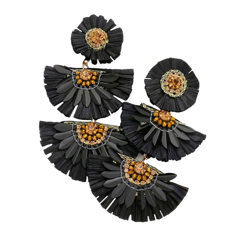 Black Stone Embellished Half Round Raffia Link Dangle Earrings, enhance your attire with these beautiful raffia link dangle earrings to show off your fun trendsetting style. Can be worn with any daily wear such as shirts, dresses, T-shirts, etc. These stone-embellished half-round earrings will garner compliments all day long. Whether day or night, on vacation or on a date, whether you're wearing a dress or a coat, these earrings will make you look more glamorous and beautiful