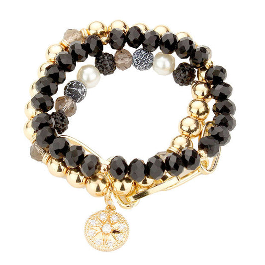 Black Three PCS - Stone Embellished North Star Charm Multi Beaded Stretch Bracelets, Get ready with these Stretch Evening Bracelet, put on a pop of color to complete your ensemble. Perfect for adding just the right amount of shimmer & shine . Perfect Birthday Gift, Anniversary Gift, Mother's Day Gift, Graduation Gift.