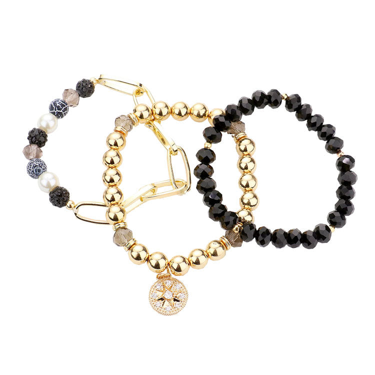 Black Three PCS - Stone Embellished North Star Charm Multi Beaded Stretch Bracelets, Get ready with these Stretch Evening Bracelet, put on a pop of color to complete your ensemble. Perfect for adding just the right amount of shimmer & shine . Perfect Birthday Gift, Anniversary Gift, Mother's Day Gift, Graduation Gift.