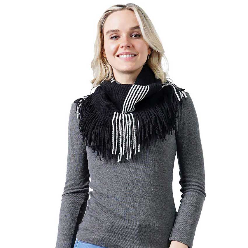 Black Stripe Knit Tube Scarf With Tassel, This knit tube scarf is perfect and cozy accessory to keep you warm and stylish. on trend & fabulous, a luxe addition to any cold-weather ensemble. You will always look chic and elegant wearing this feminine pieces. Great for everyday use in the chilly winter to ward against coldness. Awesome winter gift accessory!