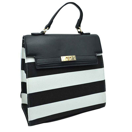 Black Striped Print Flap Top Magnetic Lock Womens Fabric Backpack. Show your trendy side with this awesome Fabric Backpack. Have fun and look stylish. There are adjustable belt make it convenient to carry. Zipper closure adds security and beauty. Hands are free and the city can be enjoyed fearlessly, and without compromise. Versatile enough for carrying straight through the week, perfectly lightweight to carry around all day. Perfect Birthday Gift, Anniversary Gift, Mother's Day Gift.