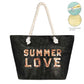 Black Summer Love Message Glitz Beach Tote Bag, Whether you are out shopping, going to the pool or beach, this tote bag is the perfect accessory. Spacious enough for carrying all of your essentials. Perfect as a beach bag to carry foods, drinks, towels, swimsuit, toys, flip flops, sun screen and more. Gift idea for your loving one!