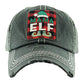Black Tartan Check MAMA ELF Vintage Baseball Cap. Fun cool Christmas themed vintage cap. Perfect for walks in sun, great for a bad hair day. The distressed frayed style with faded color gives it an awesome vintage look. Soft textured, embroidered message with fun statement will become your favorite cap.