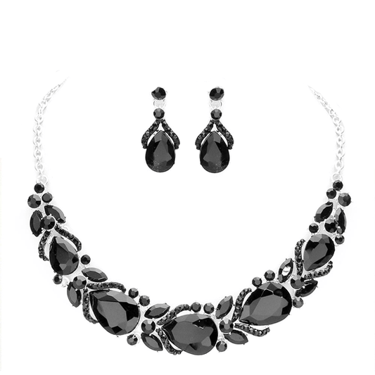 Black Teardrop Accented Marquise Stone Sprout Evening Necklace, Wear together or separate according to your event, versatile enough for wearing straight through the week, perfectly lightweight for all-day wear, coordinate with any ensemble from business casual to everyday wear, the perfect addition to every outfit. 