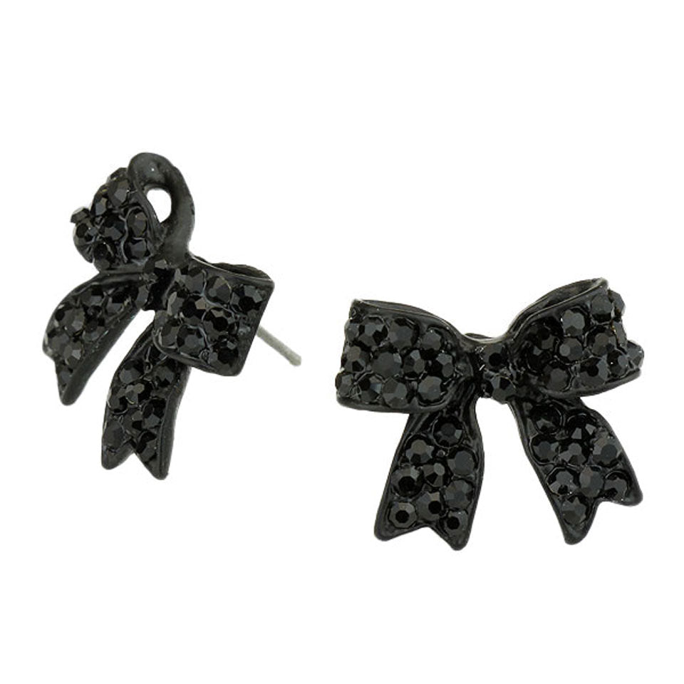 Black Trendy Fashionable Pave bow stud earrings. Beautifully crafted design adds a gorgeous glow to any outfit. Jewelry that fits your lifestyle! Perfect Birthday Gift, Anniversary Gift, Mother's Day Gift, Anniversary Gift, Graduation Gift, Prom Jewelry, Just Because Gift, Thank you Gift.