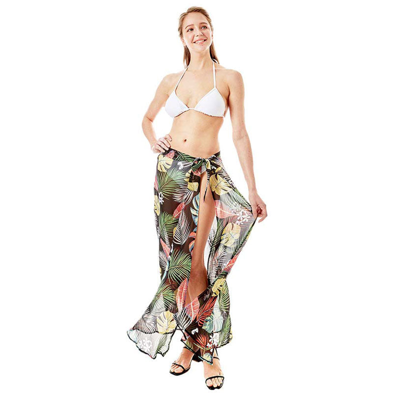 Black Tropical Leaf Beach Wrap Skirt, 100% High quality polyester, breathable and comfortable, sexy and cool, very light and easy to pack and carry. Maxi length cut, side slit design, brightly color, make you more charm and attractive. Show your beautiful silhouette and sexy slinky figures. Suitable for Summer wrap skirt, travel vacation, boat cruises, beach costumes, pool party or simply hanging at home or wherever else your heart desires in Spring, Summer and Autumn.